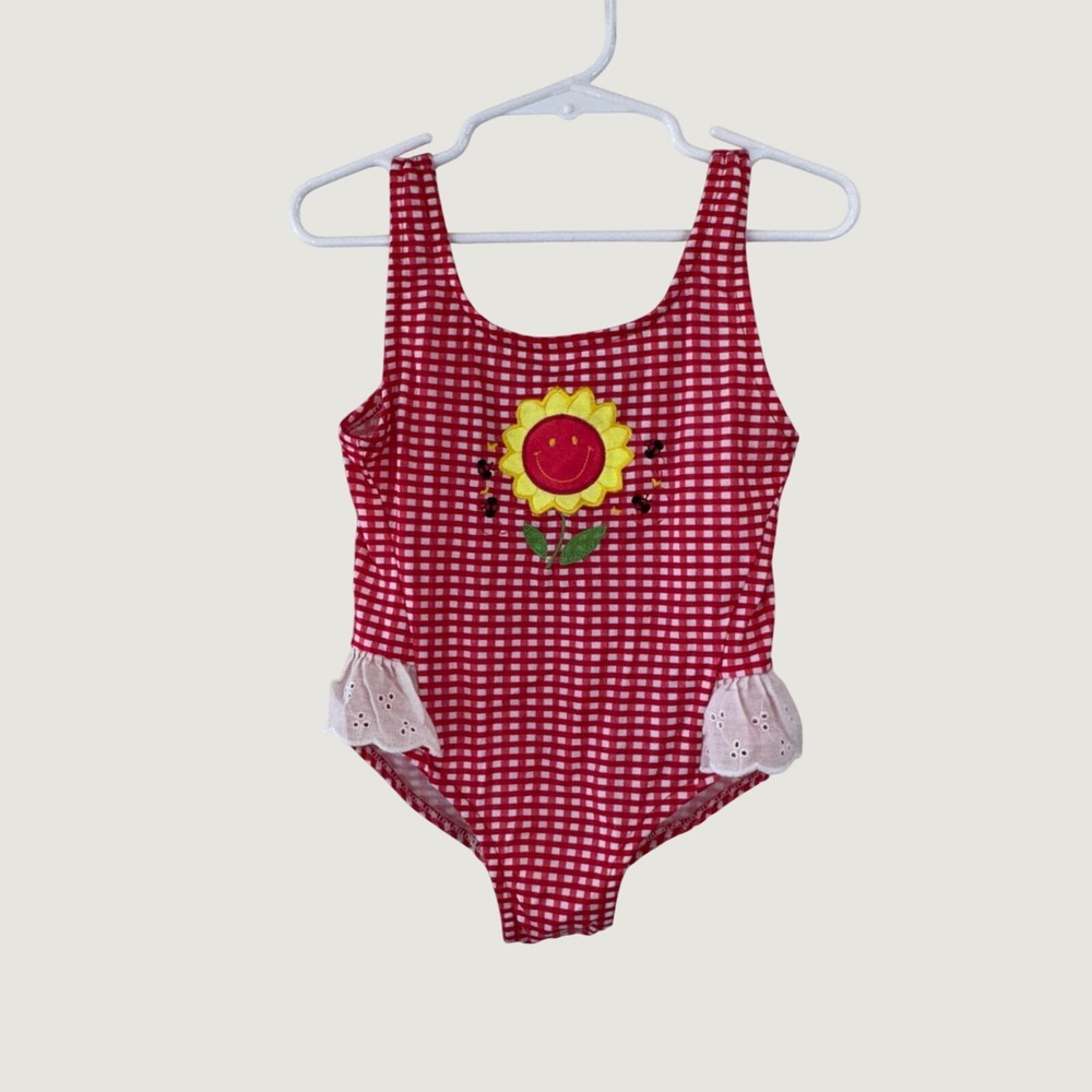Unbranded Gingham One Piece Swimsuit Size 4T Red Sunflower Eyelet Ruffle Vintage